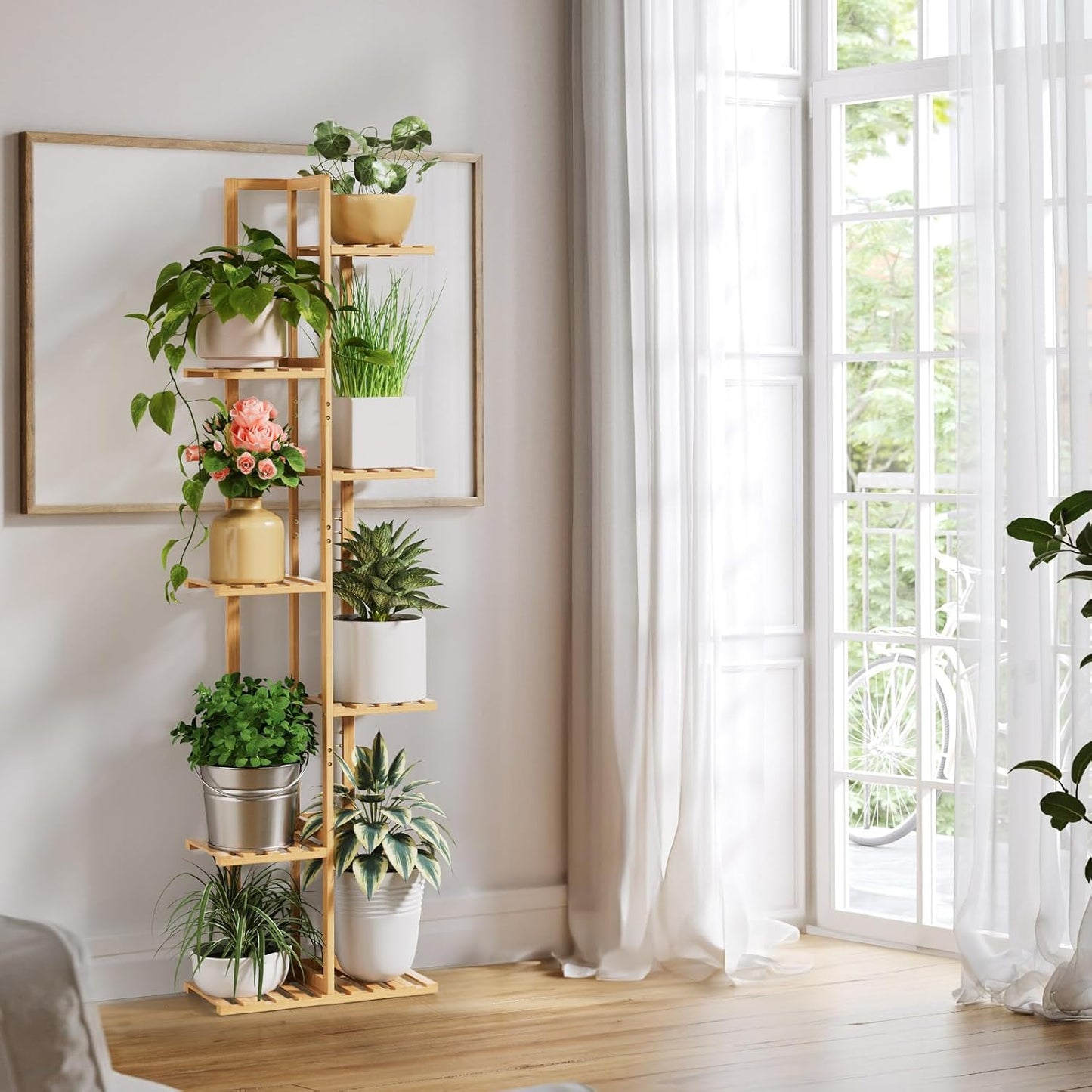 ROSSNY 55 Inch Tall Plant Stand Indoor, 7 Tier 8 Potted Bamboo Plant Stands for Indoor Plants, Corner Plant Stand, Plant Shelf For Indoor, Tiered Plant Stands, Planter Holder for Multiple Plants Indoor, Natural