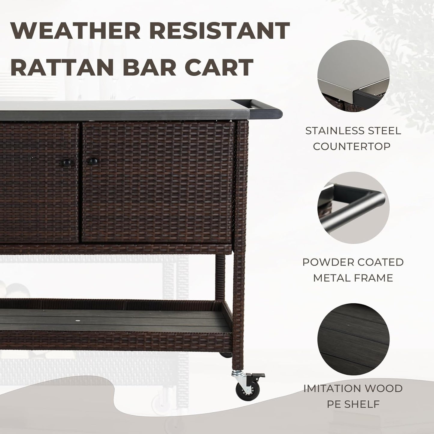 Grand patio Outdoor Wicker Bar Cart, Outdoor Bar Table with Stainless Steel Tabletop, Patio Kitchen Island Grill Cart with Storage Cabinet and 4 Hooks