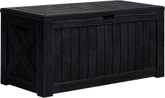 Greesum 120 Gallon Deck Box, Resin Outdoor Storage Container for Patio Furniture, Garden Tools, Pool Accessories, Weatherproof, Lockable, Black