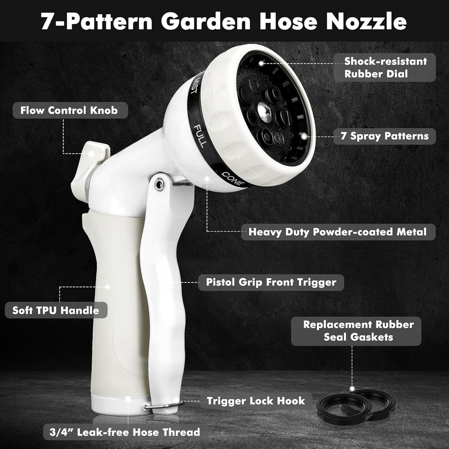RESTMO Garden Hose Nozzle, Heavy Duty Metal Water Hose Nozzle with 7 Adjustable Spray Patterns, High Pressure Hand Sprayer with Flow Control, Best for Watering Plant & Lawn, Washing Car & Pet, White