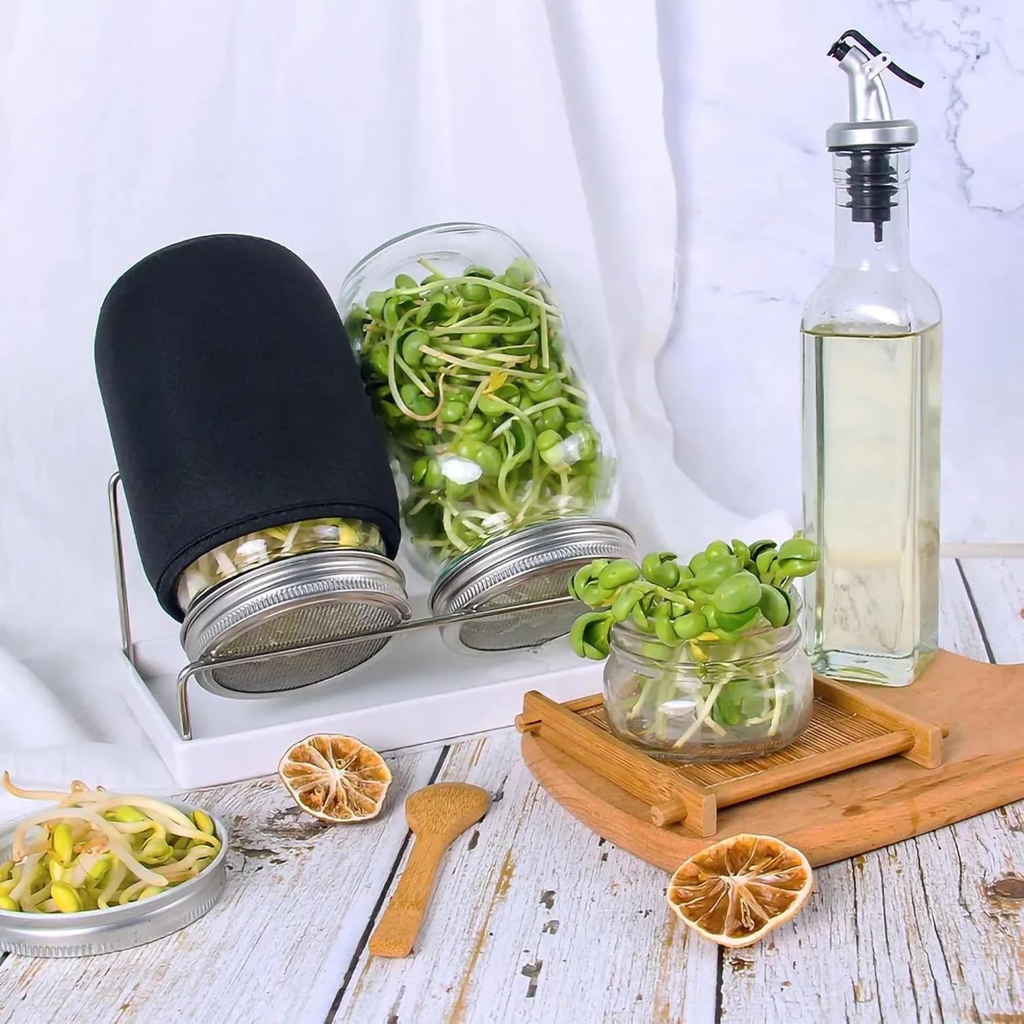 Organic Seed Sprouting Jar Kit – 2 × 32 oz Wide-Mouth Mason Jars with Stainless-Steel Sprouter Lids & Stand, Blackout Sleeves, Drain Tray – Grow Broccoli, Alfalfa & Bean Microgreens