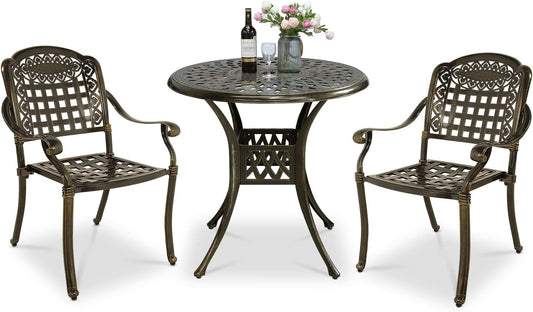 VIVIJASON 3-Piece Outdoor Patio Bistro Set, All-Weather Cast Aluminum Furniture Dining Sets Include 2 Chairs and 31" Round Table w/Umbrella Hole for Balcony, Lawn, Garden, Backyard, Antique Bronze