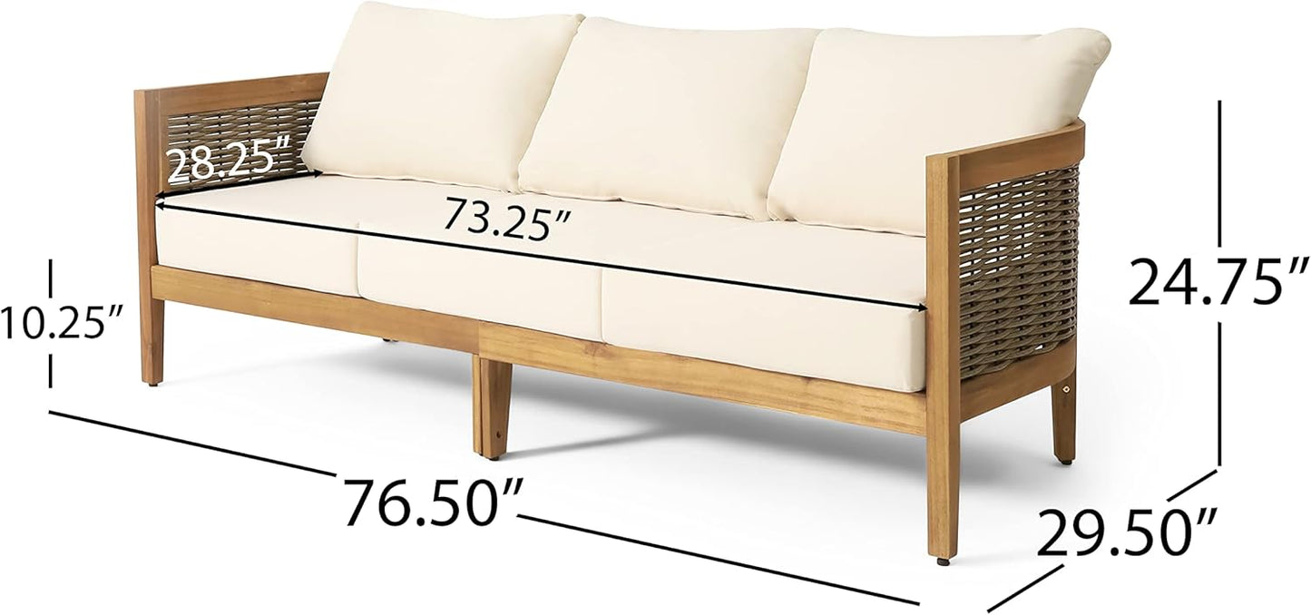 Christopher Knight Home Burchett Outdoor 3 Seater Sofa with Cushions - Acacia Wood and Round Wicker - Teak/Mixed Brown/Beige