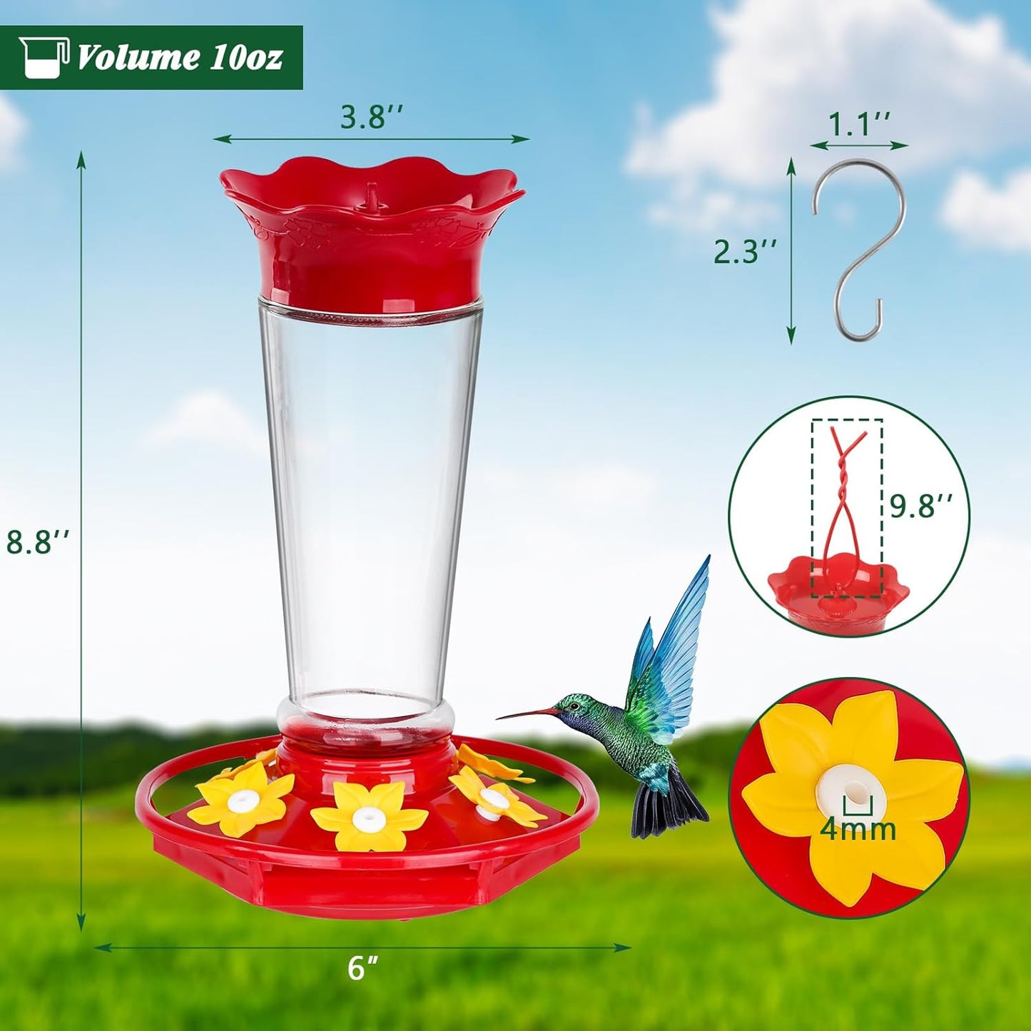 Glass Hummingbird Feeders for Outdoors Hanging Ant and Bee Proof Clear 10 OZ 2 Pack Bird Feeders for Outside Hanging 6 Feeding Stations Bird Nectar Feeder for Garden Yard Décor Gifts for Mom