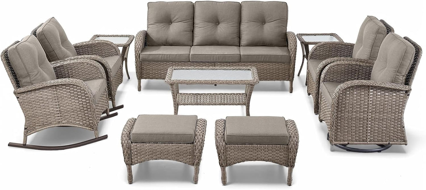 Patio Furniture-All Weather Wicker Patio Conversation Sets with Swivel Patio Chairs High Back Outdoor Couch with Swivel Rocking Chairs Outdoor Furniture for Deck Lawn Porch Balcony Poolside-Grey/Grey