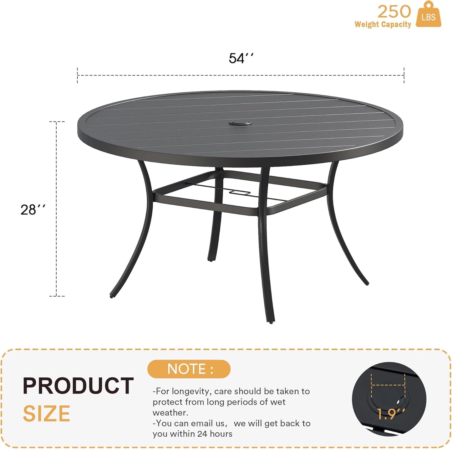 VICLLAX 53" Outdoor Round Patio Table for Lawn Garden, All Weather Metal Round Patio Dining Table with Adjustable Umbrella Hole, Patio Table for 8 Person, Black Tabletop