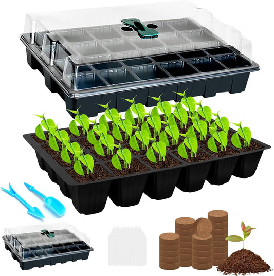 Halatool Seed Starter Kit, 2 Pack Seed Starter Trays with 50 Pcs Coco pellets and 2 Garden Tools & 100 Plant Labels, Greenhouse Indoor Seed Germination System for Herbs, Vegetables and Flowers (Black)