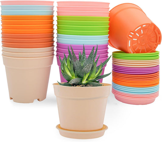4 inch Plant Pots, 28 Pack Small Plastic Planters with Drainage Holes and Saucers for Flowers Plants, Succulents, Seed Starting Pots, Colorful