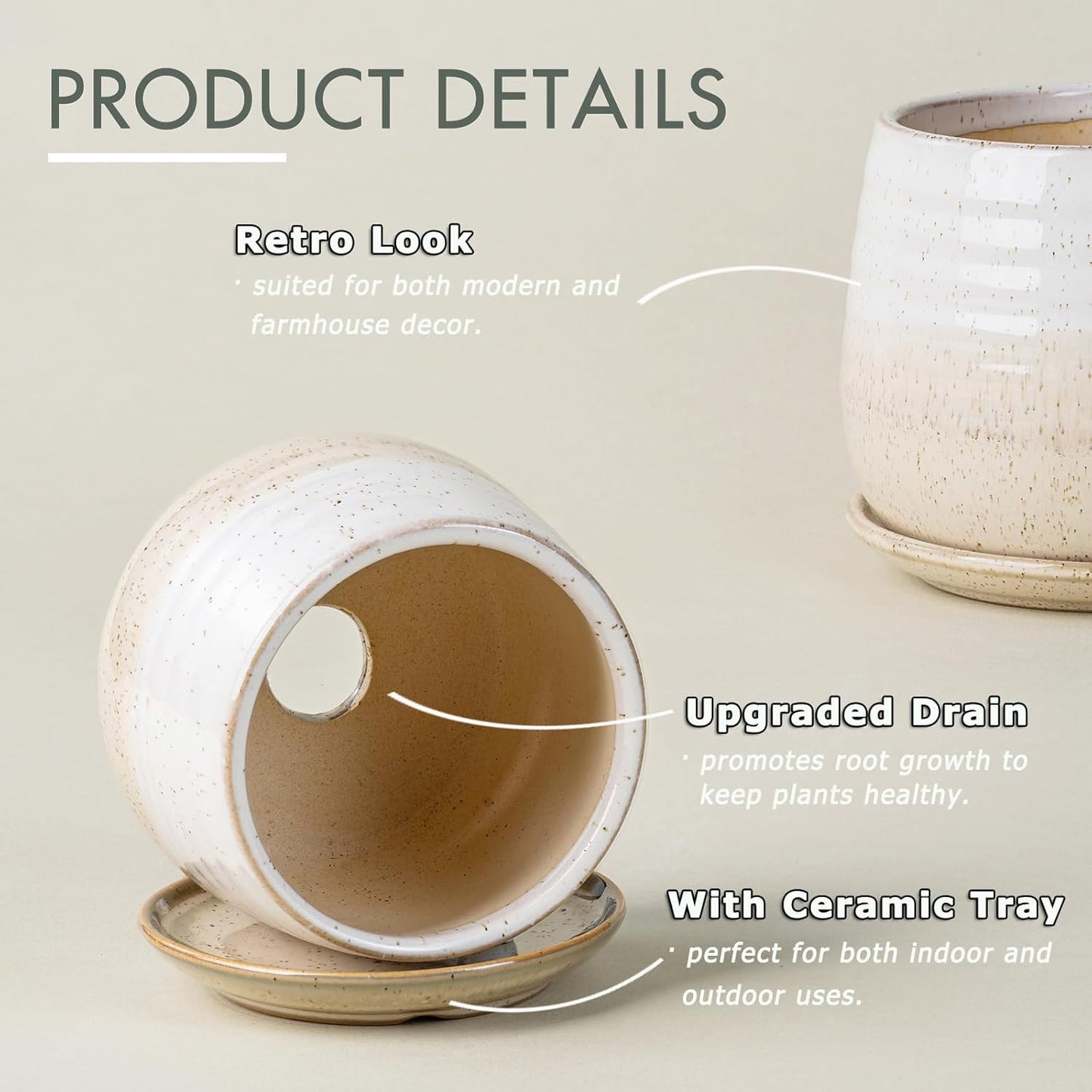 3 Pack Ceramic Small Plant Pots Planters for Indoor Flowers Plants with Drainage Holes & Saucer, Cactus Succulent, Home Decor, 3.4+4.7+6.1 Inch Flower Pot Set of 3, White