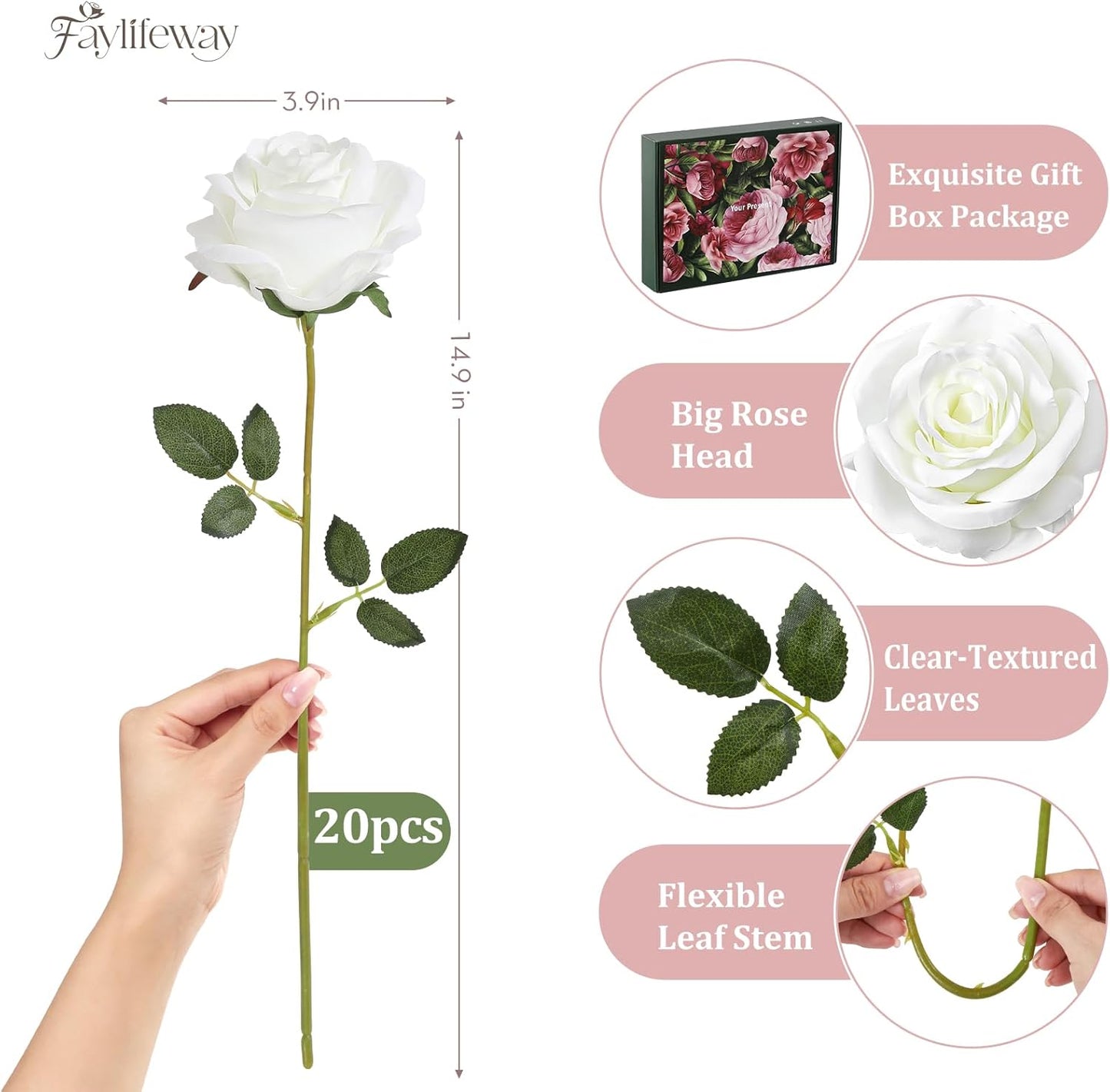 20PCS Artificial White Roses, 3.9'' Silk Flower Head Fake White Rose with Long Stems, Realistic Faux Roses Bouquet for DIY Wedding Home Party Office Decoration
