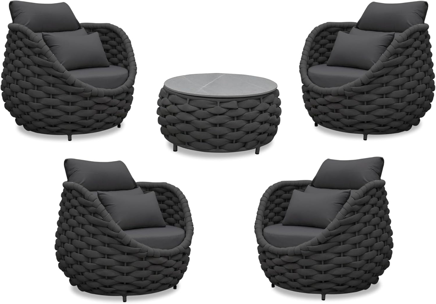 Aluminum Front Porch Furniture Set: 5 Pieces Woven Rope Patio Conversation Set - All Weather Cushioned Outdoor Sofa Set Assembled - Metal Modern Couch Set 400lb Deck Garden Pool Hotel, Dark Gray