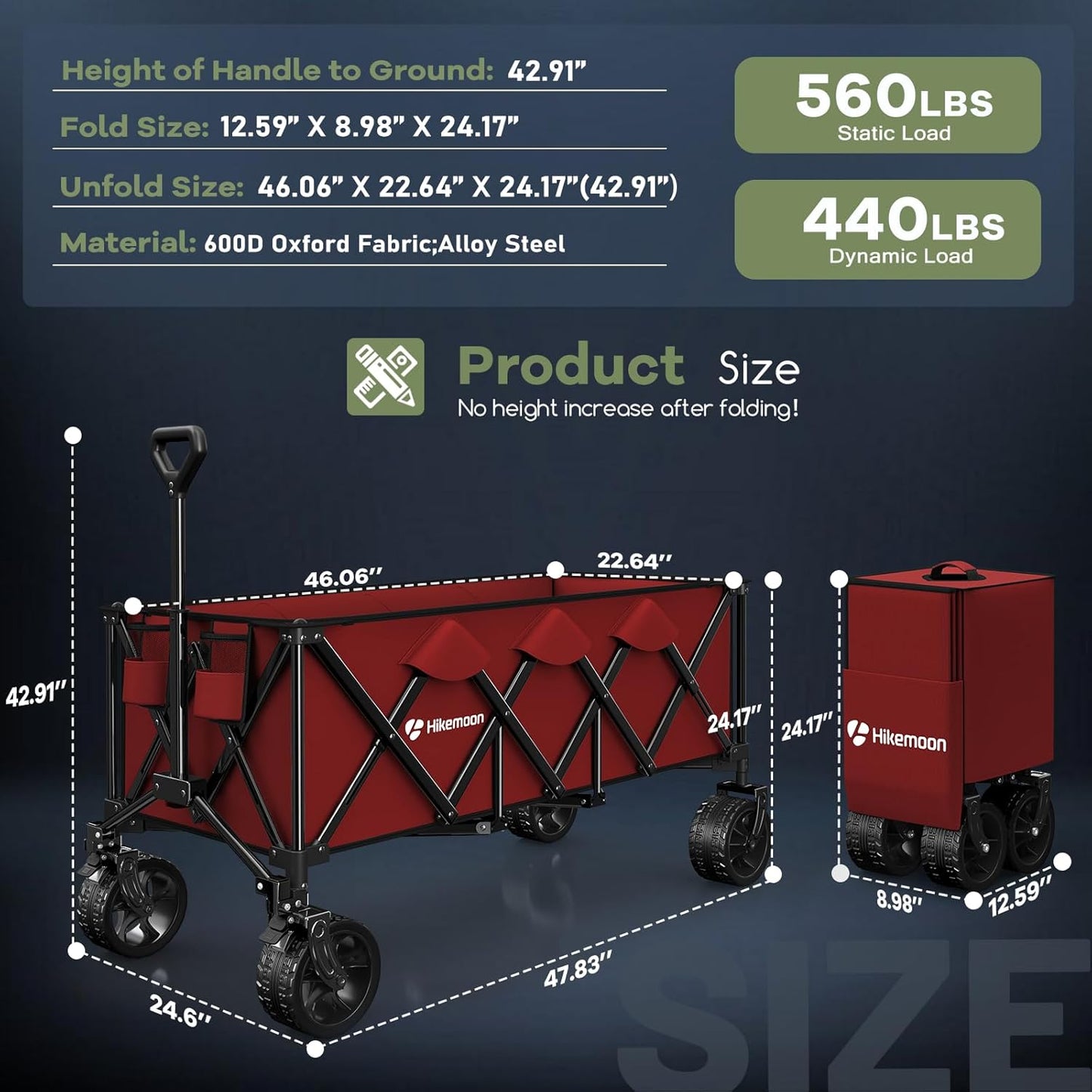 300L Extra Large Wagons Carts Foldable, 560LBS Heavy Duty Collapsible Beach Wagon 48" Long with Big All-Terrain Wheels, Utility Folding Cart for Camping, Grocery, Sports, Garden, Red