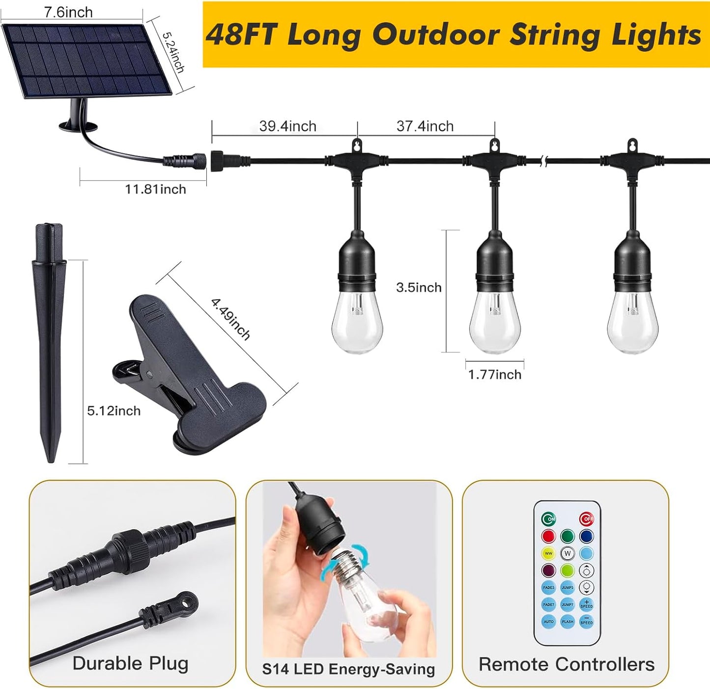 Auroraworld Outdoor String Lights RGB Solar, 48FT Dimmable Patio String Lights for Patio