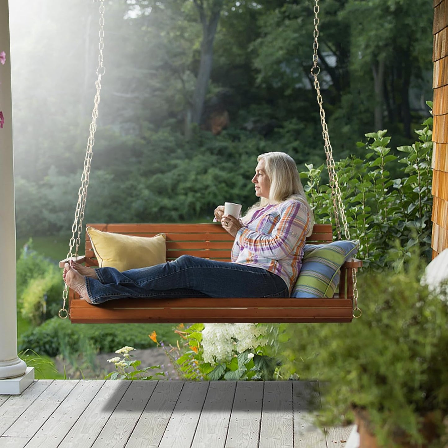 VINGLI Upgraded Patio Wooden Porch Swing for Courtyard & Garden, Heavy Duty 880 LBS Swing Chair Bench with Hanging Chains for Outdoors (Brown, 4 FT)