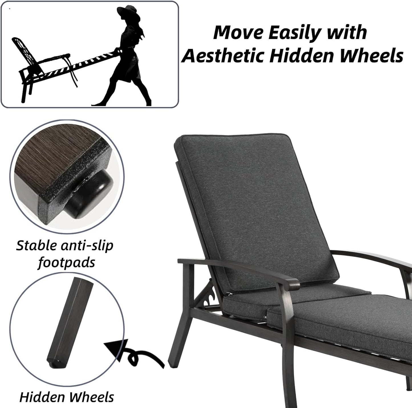 Outdoor Chaise Lounge 3 Pieces Set, 1 Side Table & 2 Aluminum Lounges with 5-Level Adjustable Backrest & Wheels for Poolside, Backyard, Grey Cushion