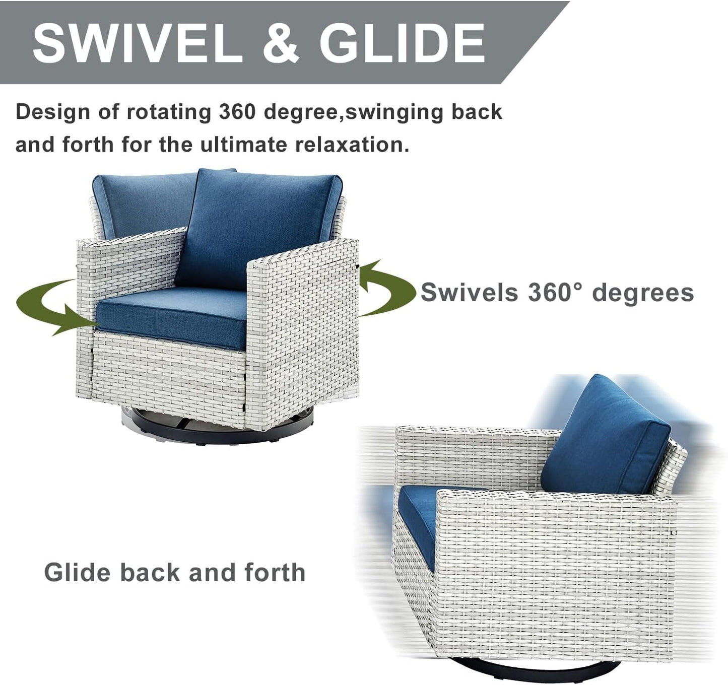 HUMMUH 3-Piece Patio Swivel Chairs,PE Wicker Outdoor Rocking Chairs Bistro Set with Side Table Porch Balcony Furniture with Cushions