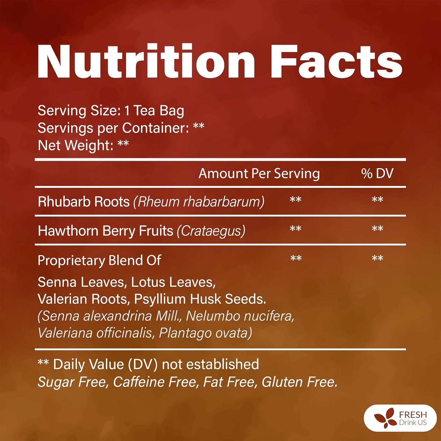 FreshDrinkUS, Premium Colon Cleanse Tea – 60 Tea Bags – Rhubarb Root & Hawthorn Berry with Senna, Lotus Leaf, Valerian Root & Psyllium Husk – Herbal Blend, Caffeine-Free. Vegan