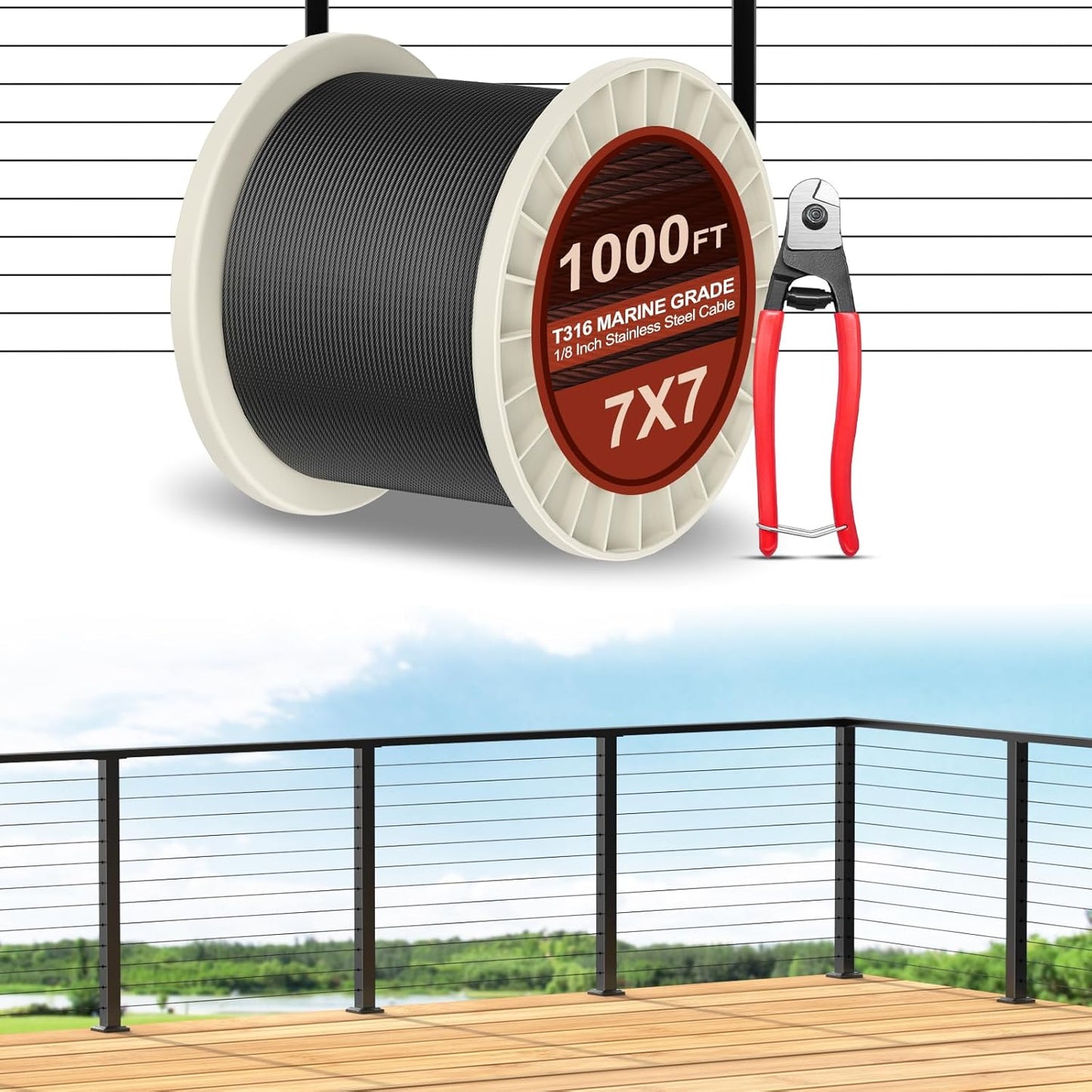 1000FT T316 Marine Grade 1/8" Stainless Steel Cable Kit w/Cutter, 7x7 Strand,1850lb Breaking Strength Wire Rope Cable for Deck Railings,Ideal for Indoor/Outdoor Railings DIY Installation, MY15