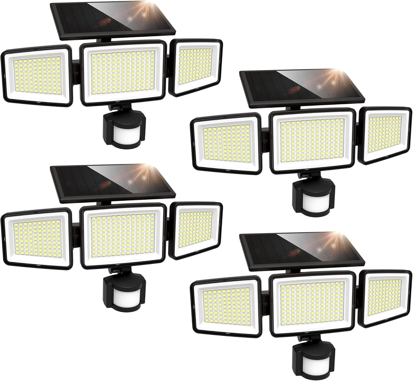 UME Solar Outdoor Lights 302 LED 3000LM, IP65 Waterproof Motion Sensor Outdoor Lights, 3 Heads Solar Security Flood Lights 270 Wide Lighting Angle with 3 Modes for Garden Patio Yard - 4 Pack