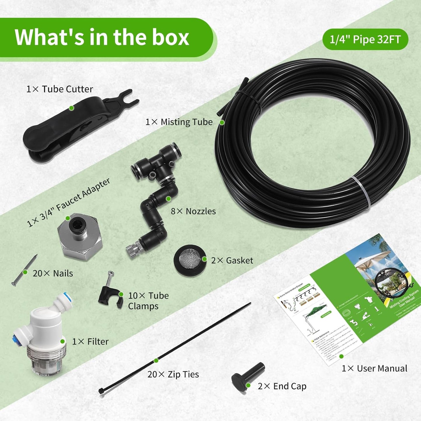 Outdoor Misting Cooling System, 32FT (10M) Misting Line + 8 Adjustable 360° Nozzles + 3/4” Threaded Adapter, Garden, Greenhouse, Misters for Outside Patio