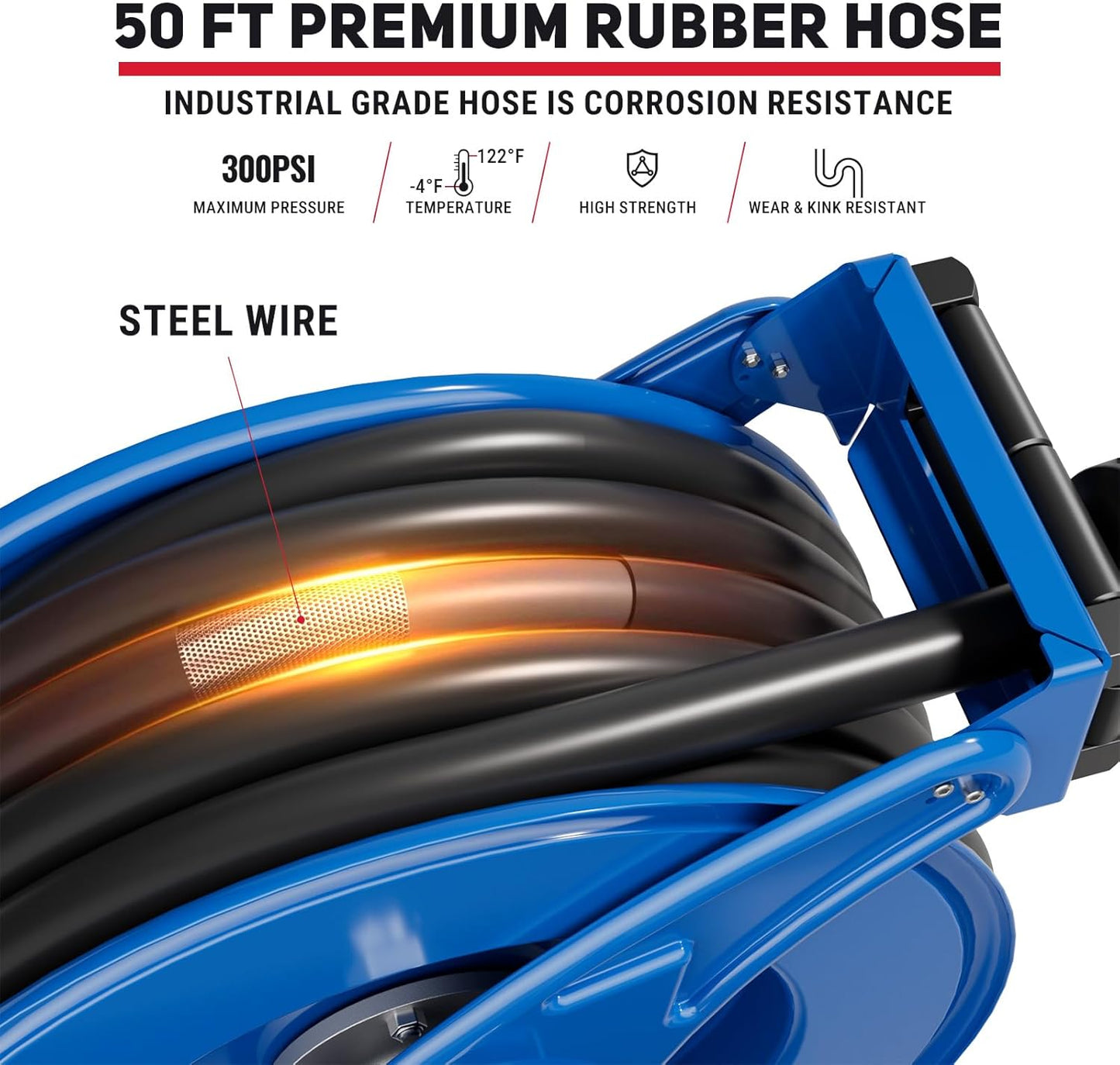 Fuel Hose Reel Retractable with Fueling Nozzle, 3/4" x 50" Heavy Duty Steel, 300PSI Industrial Auto Swivel, Spring Driven Diesel Hose Reel for Construction Farm Ship Vehicle Tank, Blue