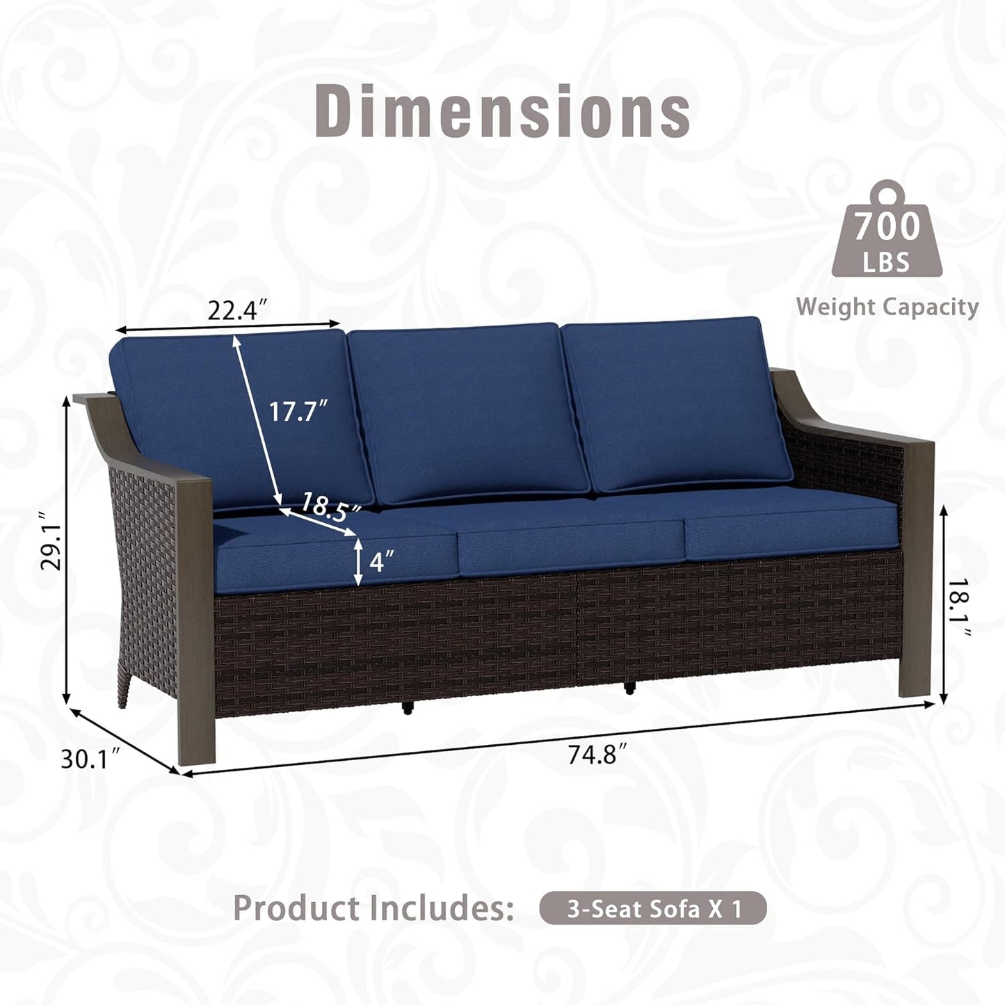 74 Inch Patio 3-Seater Sofa,PE Wicker Outdoor Lounge with Thick Removable Water-Resistant Cushions, Rust-Proof Steel Frame, 900LBS Capacity, Blue