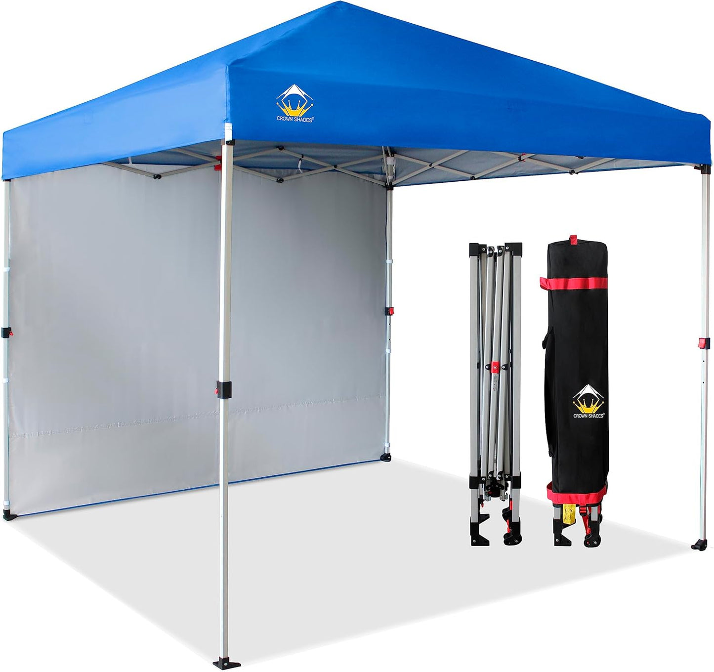 CROWN SHADES 8x8 Pop Up Canopy with 1 Side Wall - Beach Tent with One Push Setup - Outdoor Sun Shade for Events, Parties, Camping - Gazebo with STO-N-Go Cover Bag (Blue)