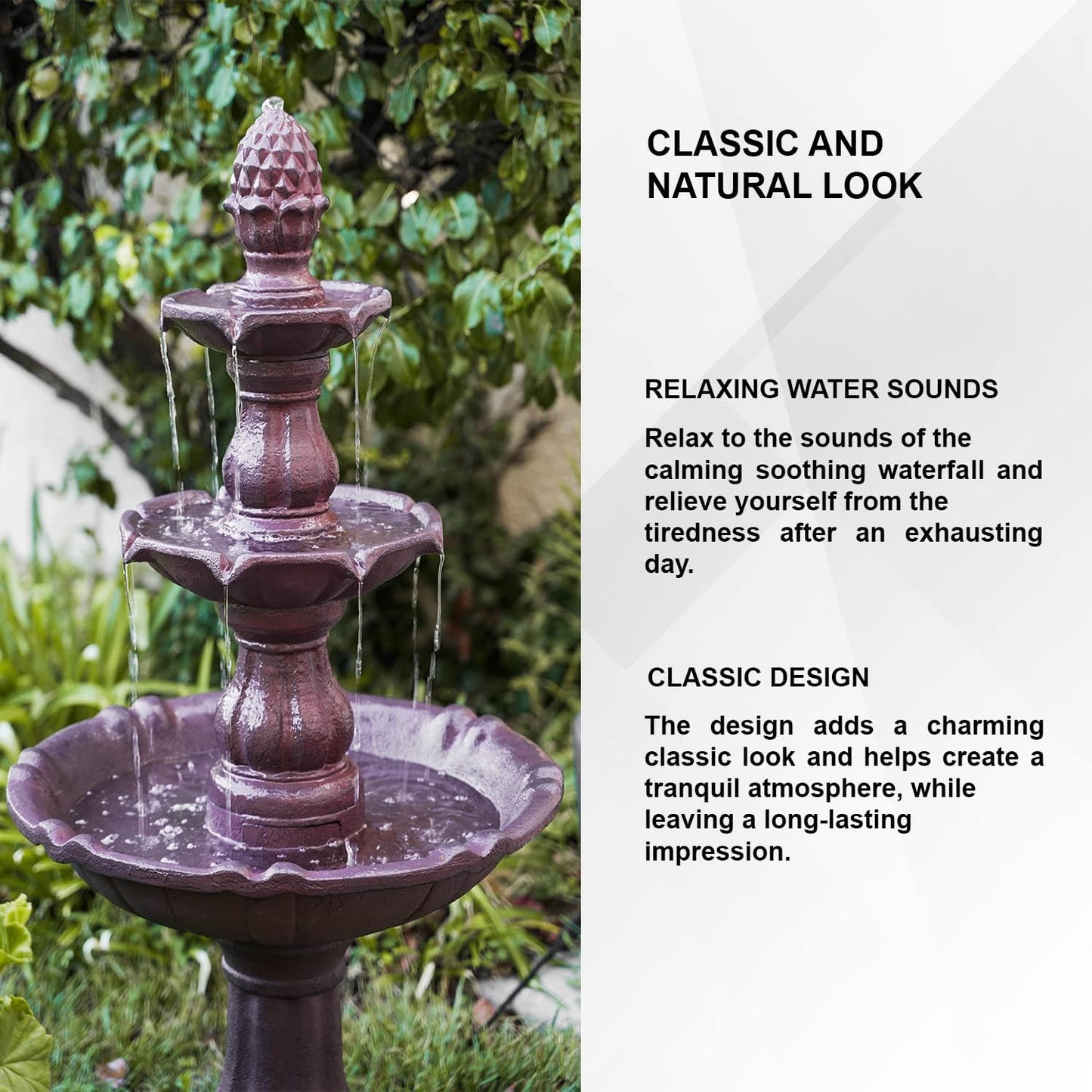 XBrand 3-Tier Freestanding Waterfall Fountain w/Pump & Pineapple Top, 51 Inch Tall, Brown, Large Outdoor Garden Fountain, Ideal for Garden, Porch, and Lawn