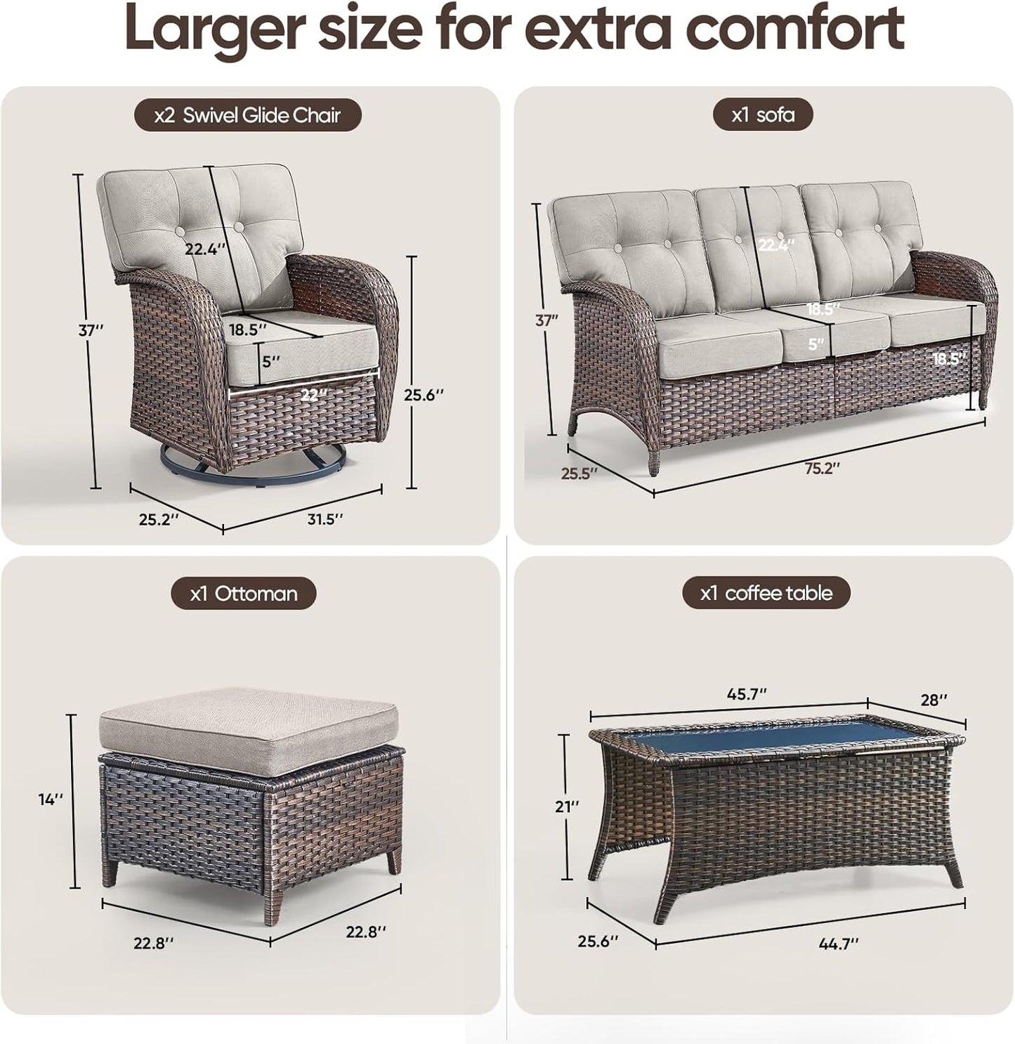 6-Piece Rotating Balcony Chair Set with 31-inch T-Shaped Wide backrest - Rattan Outdoor Rotating Balcony Chairs, Wide backrest Comfortable Outdoor Sliding Chair - Brown | Beige