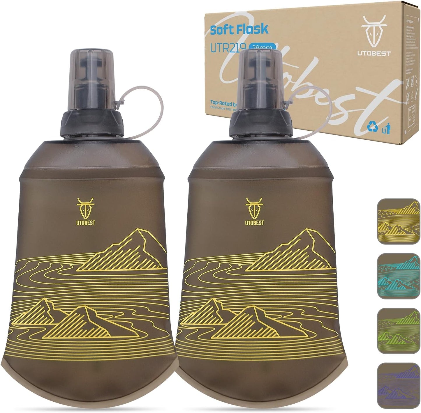 UTOBEST 200ml Soft Flask, 2 Pack Flexible TPU Hydration Water Bottle, Collapsible with 28mm Caliber for Running, Hiking, Cycling, Climbing, and Marathon Yellow