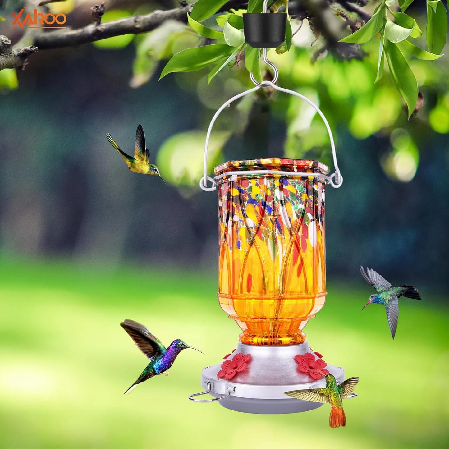 Hummingbird Feeders for Outdoors with Ant Moat, Hand Blown Glass Hummingbird Feeder, 4 Feeding Ports with Perch, Outdoor Garden Décor, 15 OZ, Orange