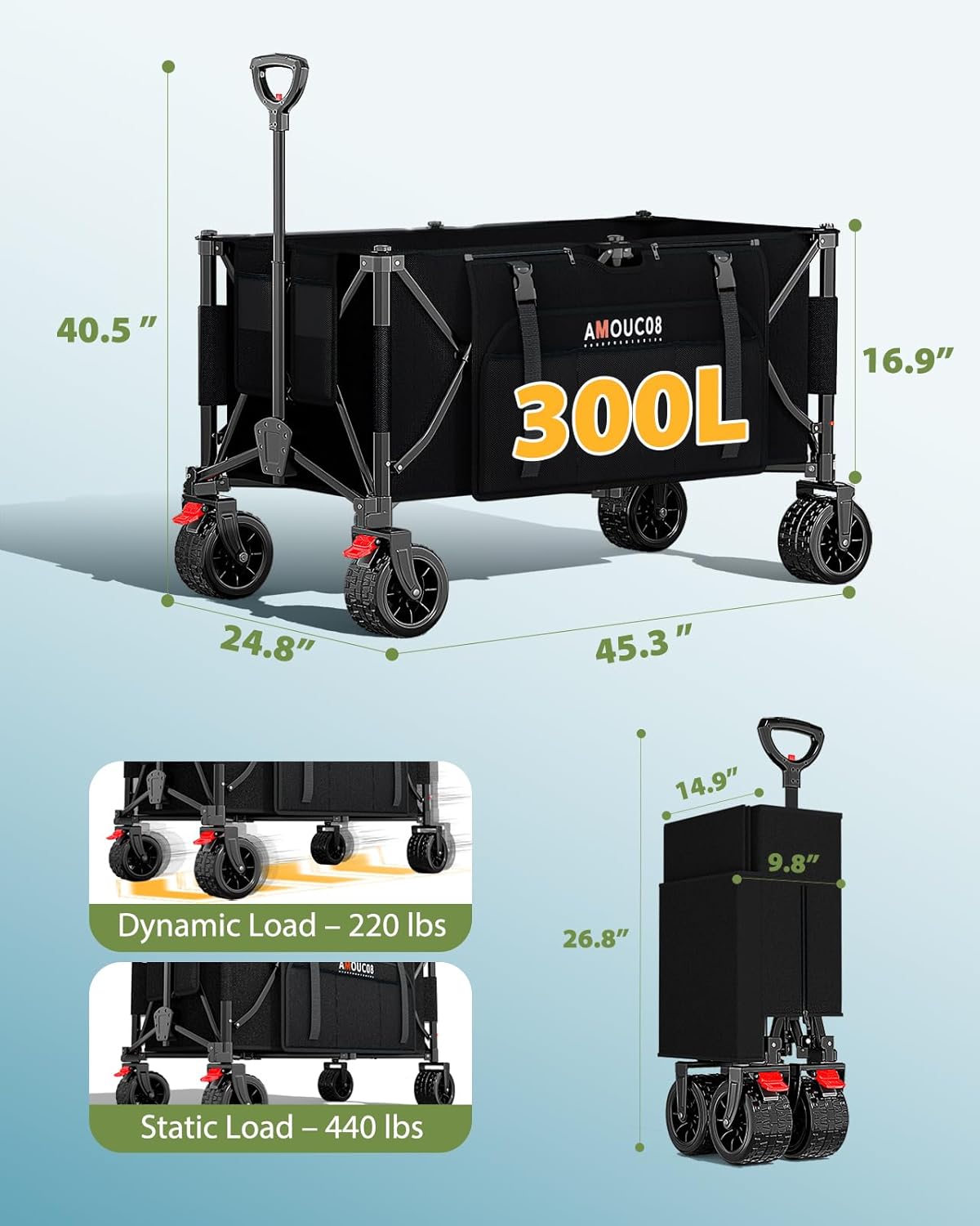300L Large Wagons Carts Foldable, Heavy-Duty Collapsible Wagon Cart with All-Terrain Wheels, 440 lbs Capacity, Compact Folding Wagon for Camping, Beach, Sports, and Outdoor Hauling