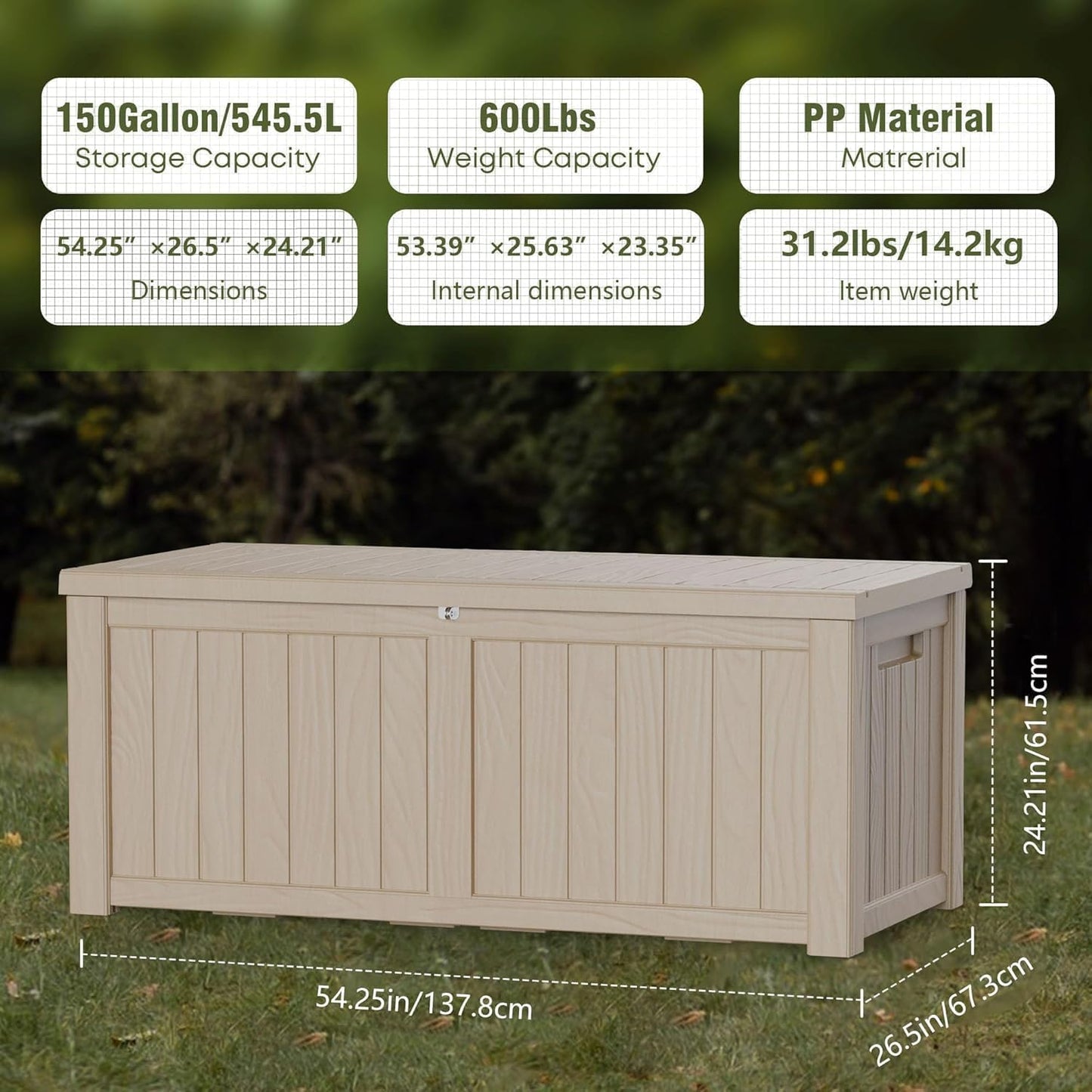 150 Gallon Resin Deck Box, Waterproof Outdoor Storage Bin for Patio Furniture, Pool Accessories, and Garden Tools, Lockable & UV-Resistant, Grey