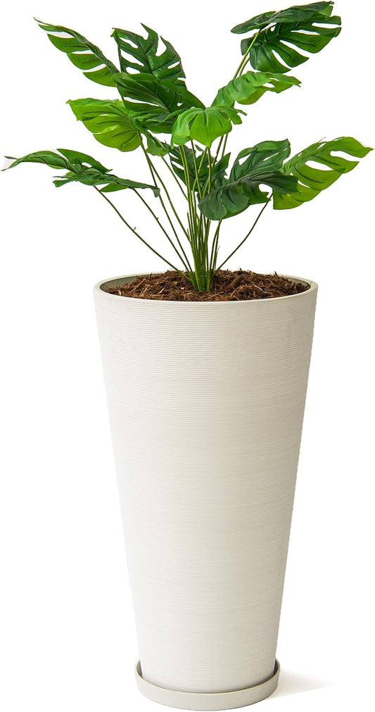 XBrand Modern 28-Inch Tall Round Planter, Modern Tapered Planter Perfect for Indoor & Outdoor Planter, Patio Décor, White