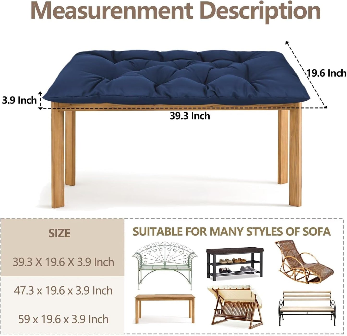 Waterproof Indoor/Outdoor Garden Bench Seat Cushions，Thicken Patio Bench Soft Rocking Chairs Pad Lounger Seat for Wicker Loveseat Settee（39.3x19.6x3.9 inch，Navy）