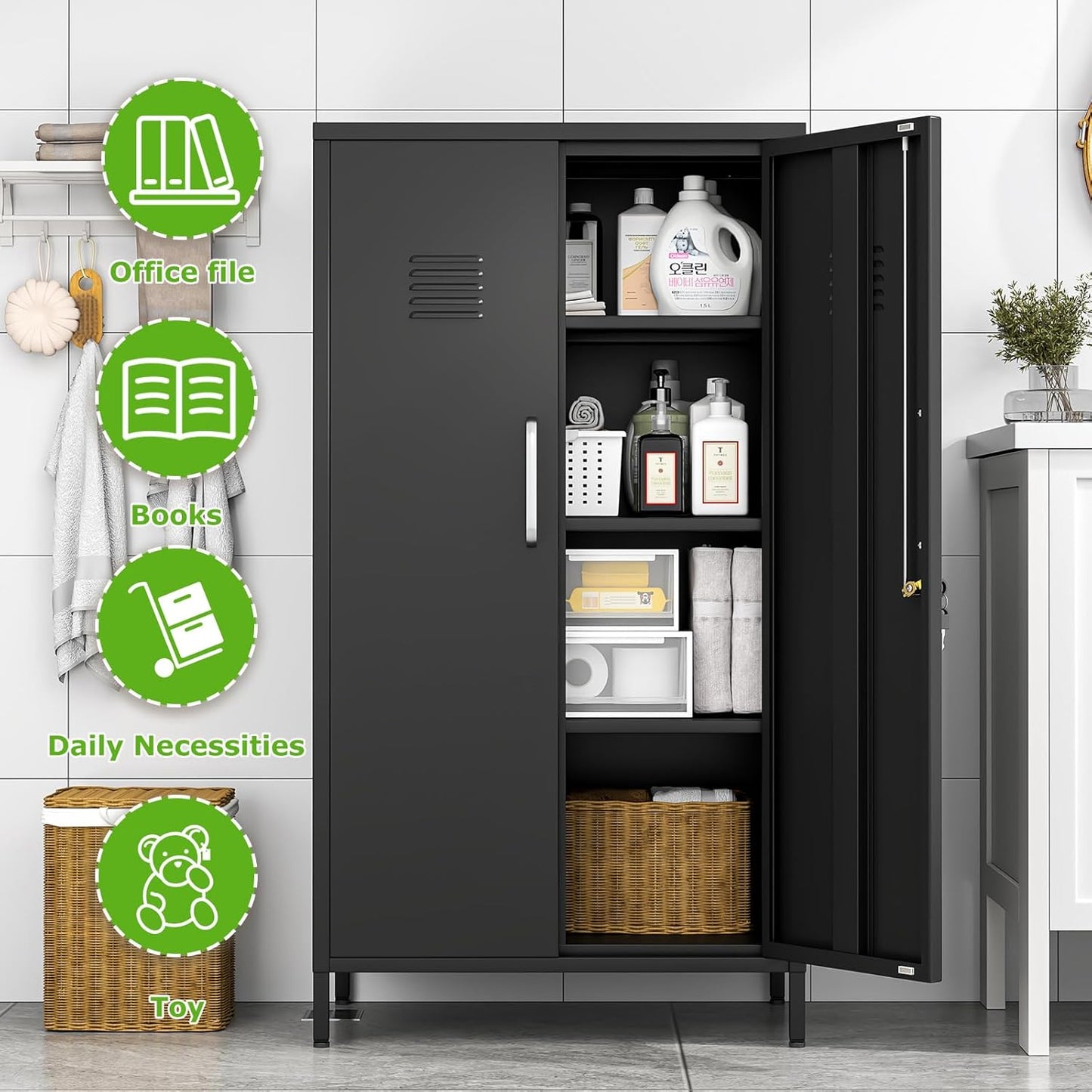 47" Metal Storage Locker, Lockable Employees Metal Locker with 2 Door and Adjustable Shelves, Steel Locker for Home, School, Office, Gym (Black)