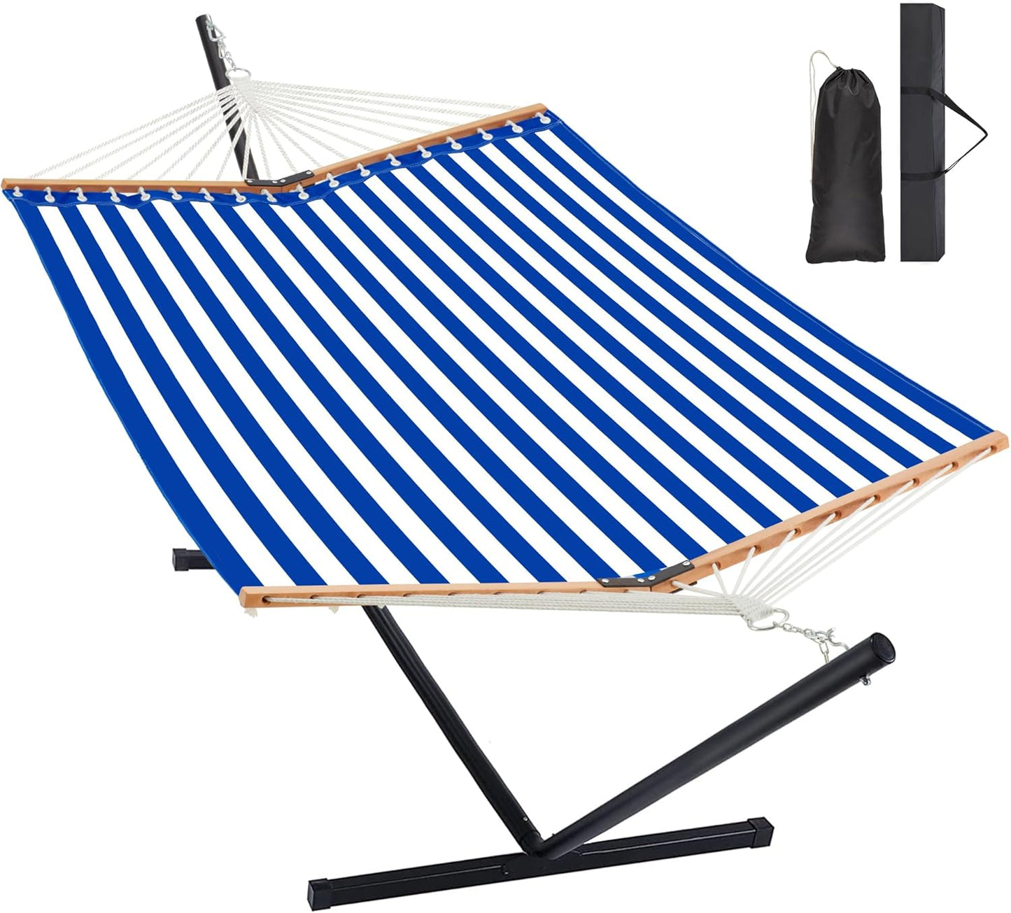 Two Person Hammock with Stand Heavy Duty, Outdoor Patio Hammock with Portable Steel Stand, Large Double Hammocks with Quick Dry Textilene Fabric,480lbs Capacity.(Blue White)