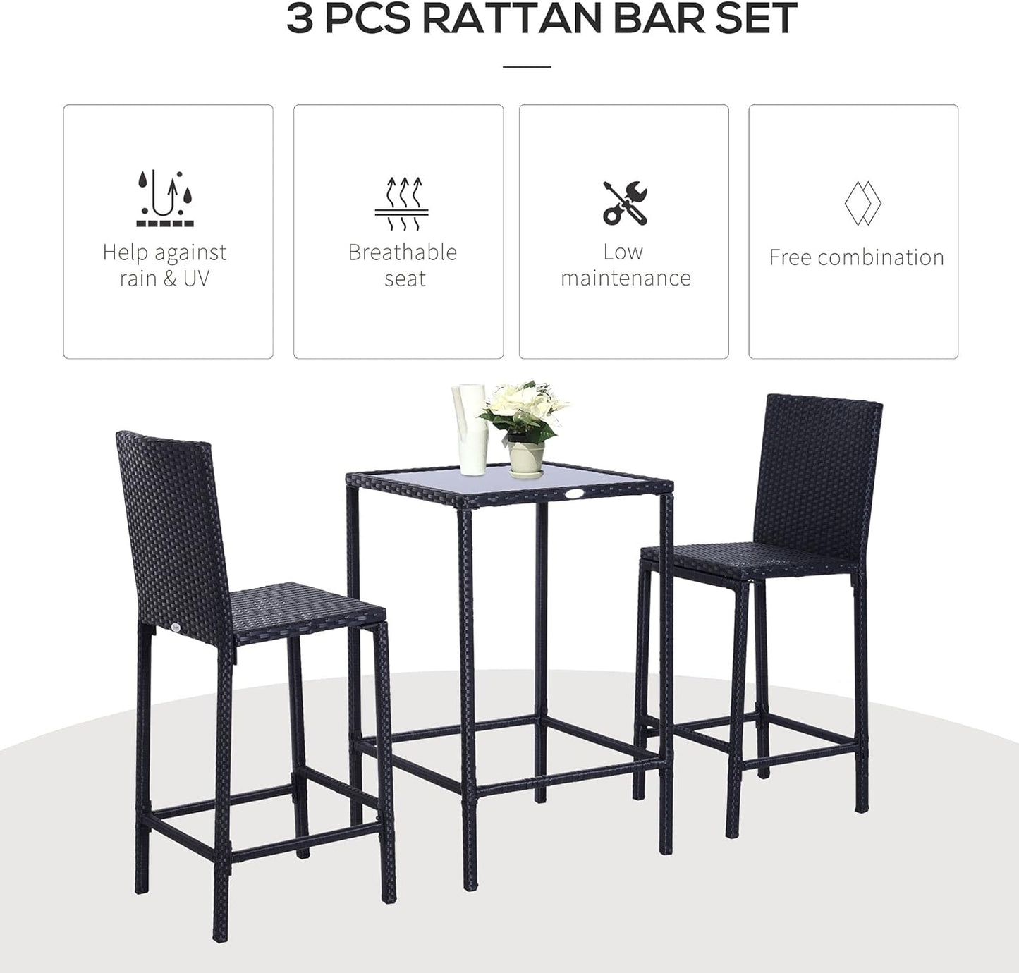 Outsunny 3pcs Rattan Bar Set with Glass Top Table, 2 Bar Stools for Outdoor, Patio, Garden, Poolside, Backyard