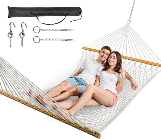 Double Hammock for 2 Person, Handwoven Cotton Rope Hammock with Spreader Bar Without Stand - Indoor & Outdoor Use for Patio, Poolside, Backyard (White)