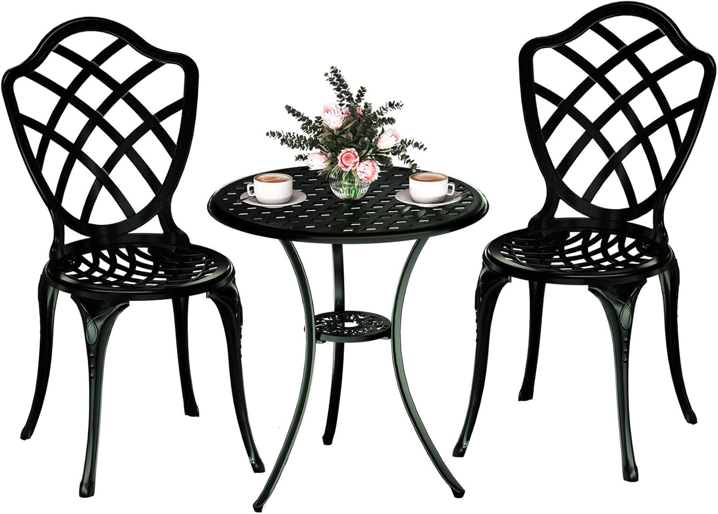 3 Piece Patio Bistro Set, Outdoor Bistro Table and Chairs Set of 2 w/Umbrella Hole, Rust-Resistant Cast Aluminum Bistro Set for Garden/Balcony/Backyard, Green