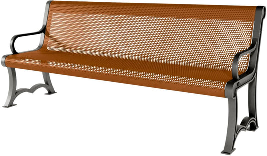 Heavy-Duty Outdoor Bench Thermoplastic Coated, Punched Steel, Commercial-Grade Garden Bench, Made in America (Portable with Back, 6 Ft, Textured Copper)
