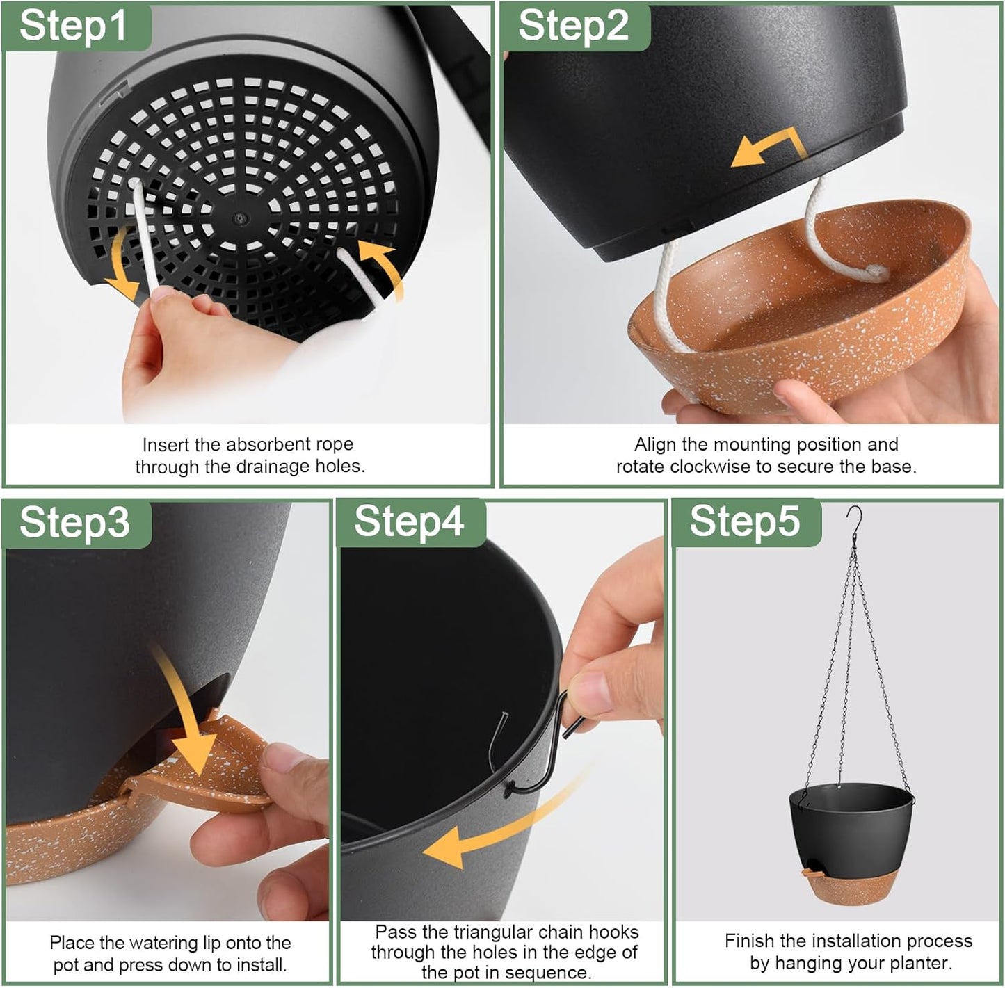 10/9/8 Inch Hanging Planter for Indoor Outdoor Plants, 3 Pack Self-Watering Hanging Pot with Drainage Holes Hanging Planter Baskets Plant Pots with Removable Tray (Black+Brown)