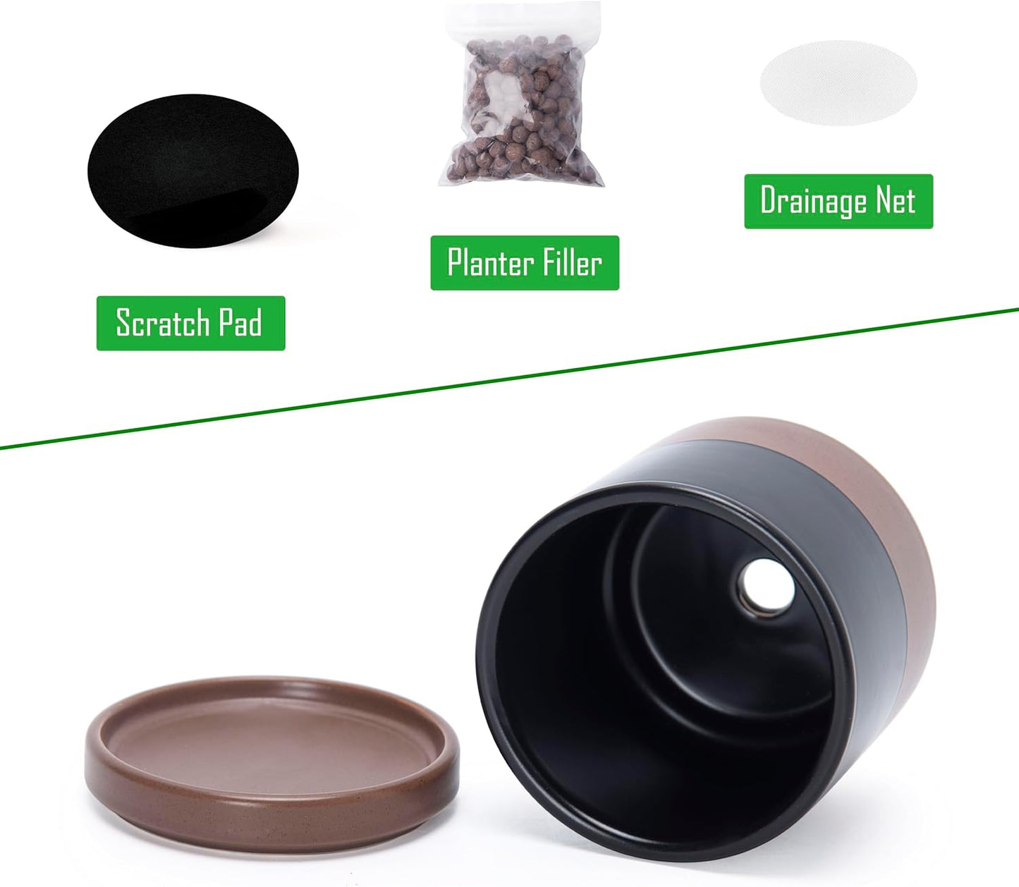 D'vine Dev Set of 2 Plants Pots, 3.5 Inch Ceramic Planter Pot for Plants with Drainage Hole and Saucer, Black/Speckled Tan, 94-V-A-7