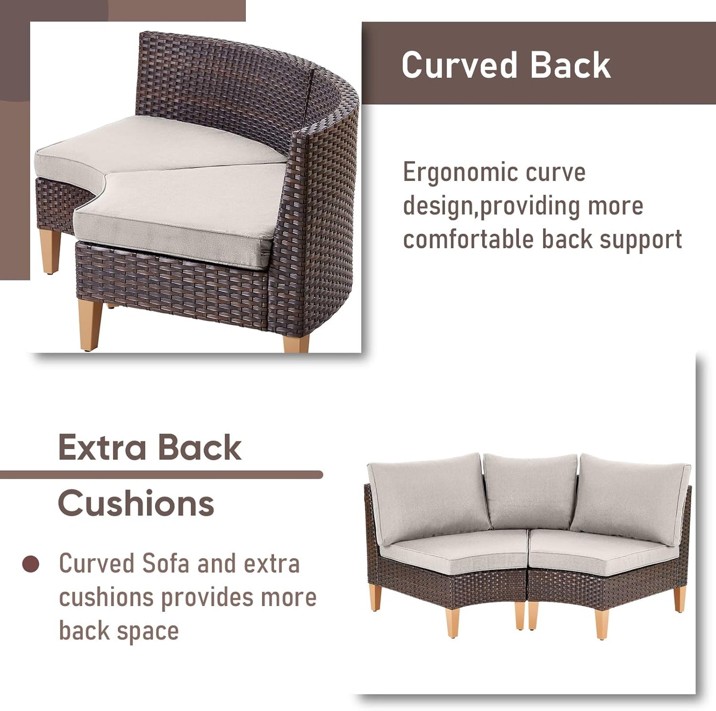 HUMMUH Outdoor Modular Sectional Couch All Weather PE Wicker Patio Sofa Half-Moon Loveseat for Garden Porch Backyard