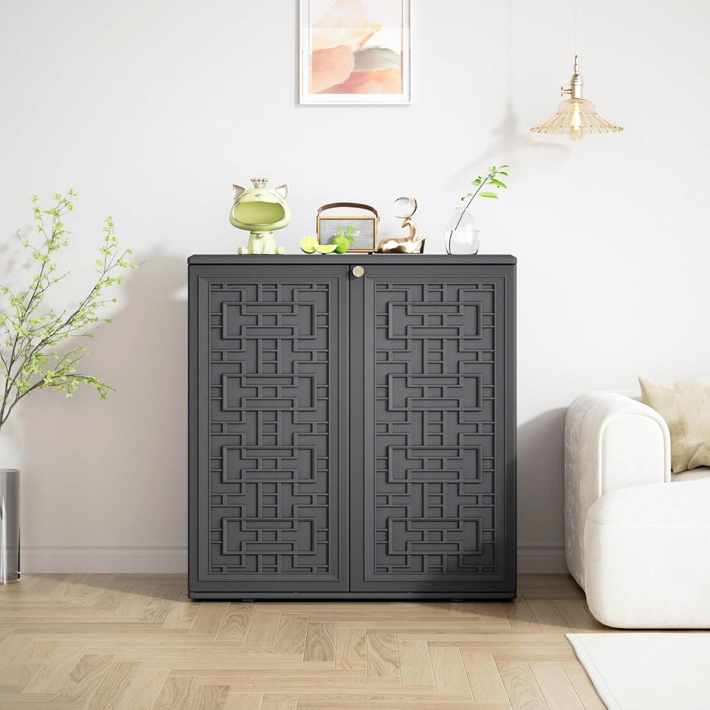 Storage Box Outdoor Caninet,Resin Indoor Storage Box Waterproof Outdoor Storage Cabinets for Patio/Garden/Backyard, Size 34.3''L*15''W*36.2''H(Grey)