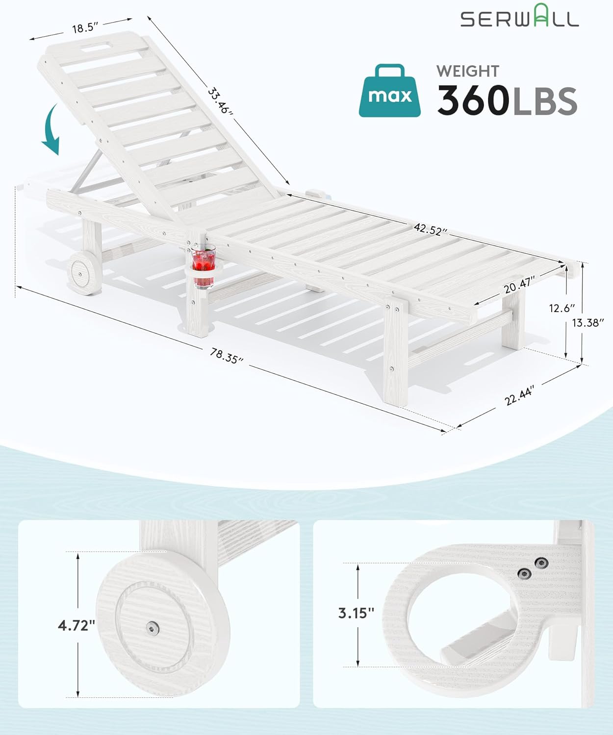SERWALL Patio Chaise Lounge Set of 2, HDPE Outdoor Lounge Chair with Cup Holder, 5 Positions Adjustable Pool Lounge Chair with Rolling Wheels for Poolside, Deck, Sunbathing, White