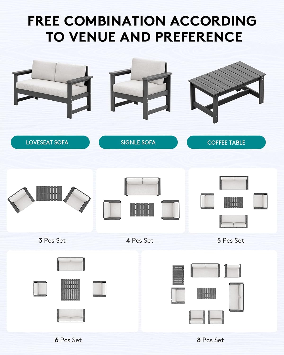 SERWALL 2 Pieces Single Cushioned Sofa Chair, Grey HDPE Outdoor Adirondack Lounge Armchair with Khaki Cushion
