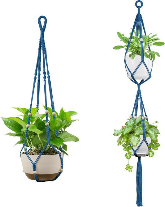 USLAI Macrame Plant Hanger Indoor Outdoor, Up to 4-15 inch Pot, Heavy 20lb Planters, Extra Long Strong Hanging Planter Basket Holder, Boho Home Decor, 35+49 Inch, Blue (POTS NOT Included)