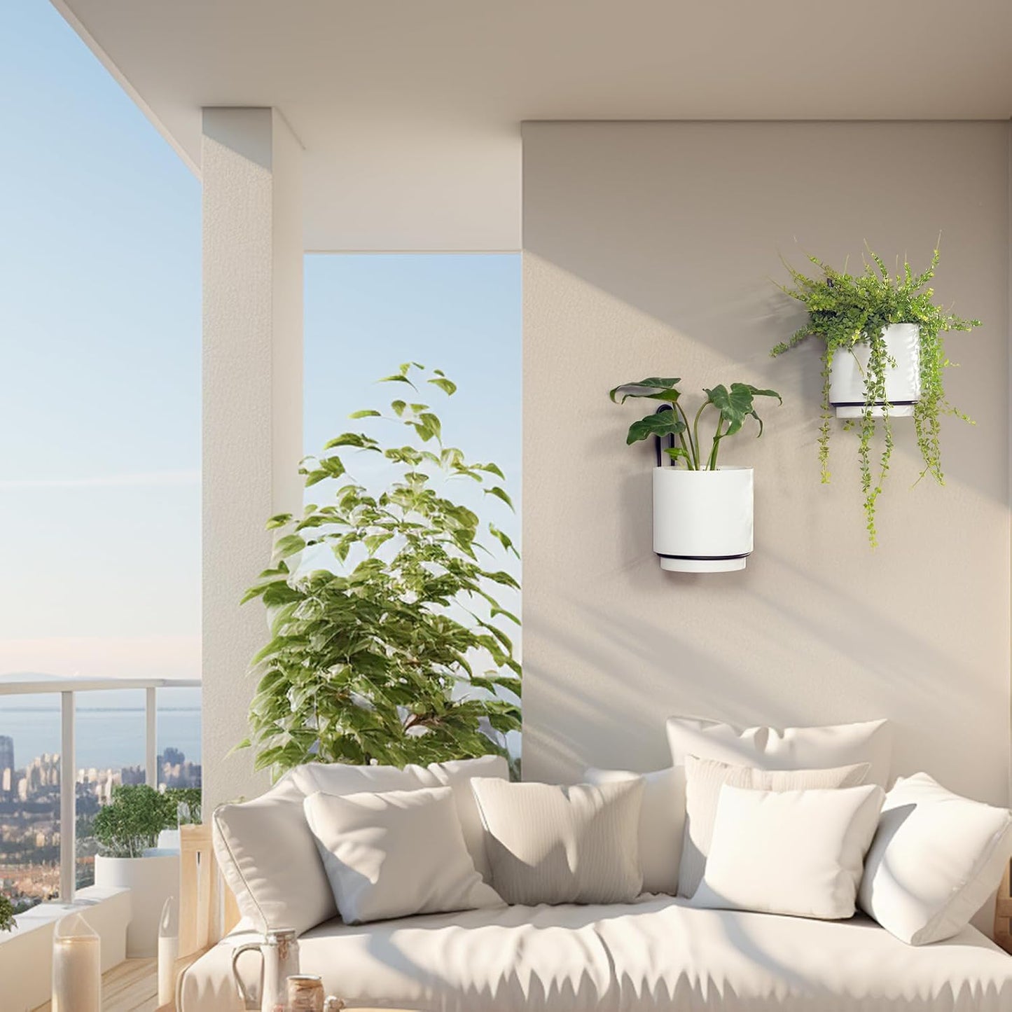 2 Pcs Wall Mounted Hanging Planter Vase for Indoor and Outdoor Plants Modern Metal Wall and Ceiling Planter Minimalist Flower Pot (White, 5.91 inch)