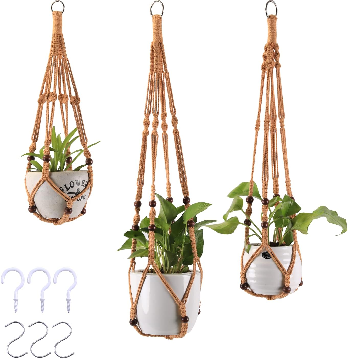 3-Pack Macrame Plant Hanger Indoor - Hanging Planter Basket for Indoor Outdoor - Decorative Boho Plant Holders Set with Beads - Ceiling Flower Pot Holder with 6 Hooks - 35"/30"/24" Brown